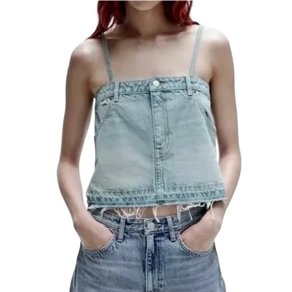 NWT Zara Distressed Denim Spaghetti Strap Cropped Top. Size XS.